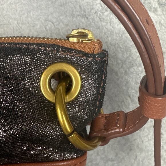 Fossil Crossbody Purse Keely Bag Brown Pebble Cowhide Black Sparkle Pockets - Picture 7 of 12